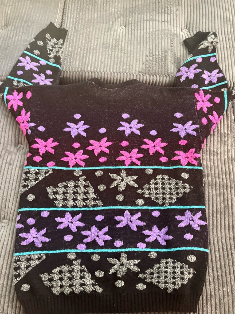 Black Crewneck Sweater with Pink & Lilac holiday Pattern - Picture 7 of 7